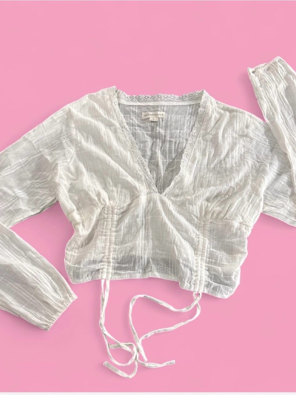 Aeropostale White Lace Trim V-Neck Long Sleeve Tie-Front Cropped Blouse XL